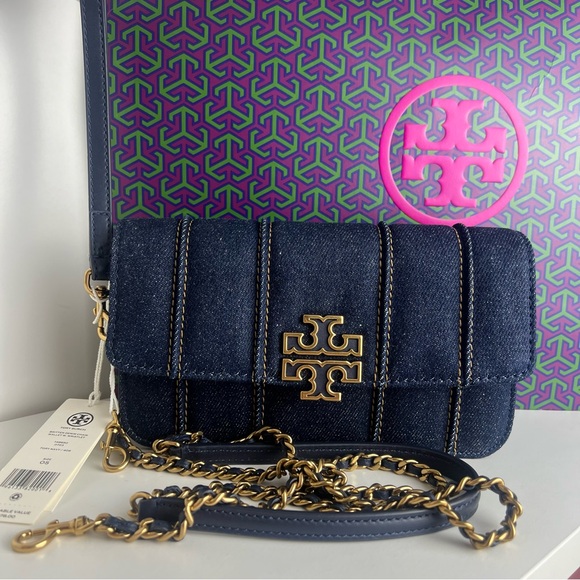 NWT Tory Burch Britten Denim Chain Wallet With Wristlet - Picture 3 of 16